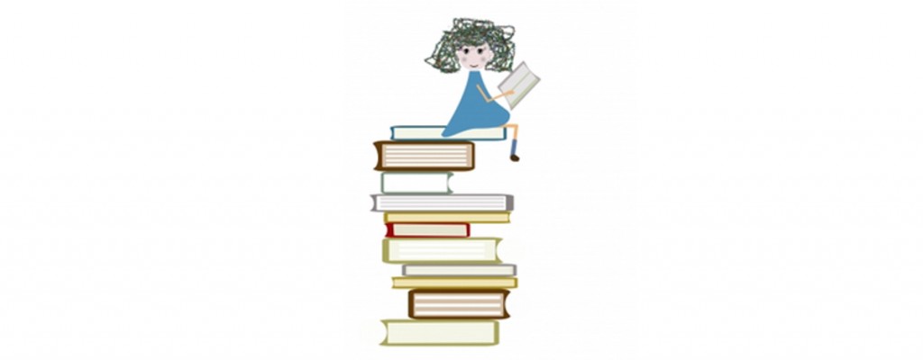 Illustration of a small girl in a blue dress holding a small book while sitting on a tall pile of very large books.