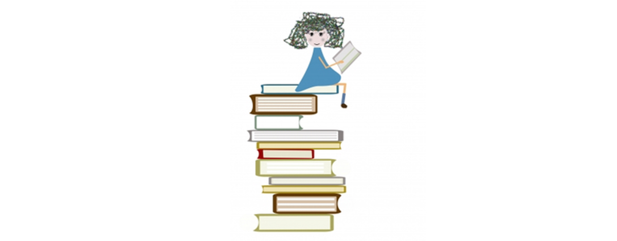 Illustration of a small girl in a blue dress holding a small book while sitting on a tall pile of very large books.